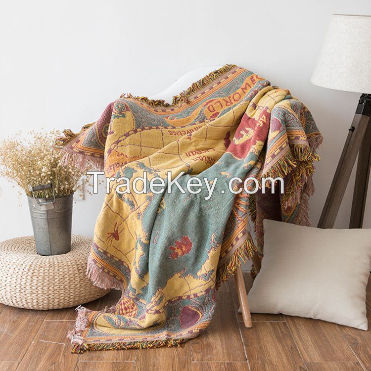 World Map Throw Blanket Reversible Hippie Bohemian Vintage Yellow Red Knitted Large Fringed Cotton Woven Tapestry Fantasy Rug