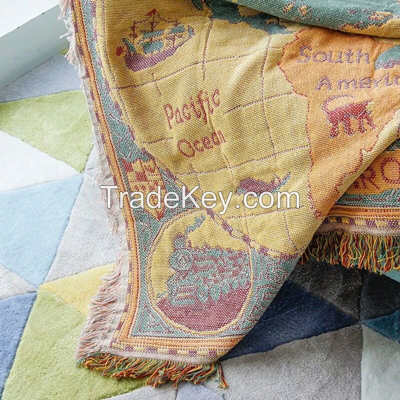 World Map Throw Blanket Reversible Hippie Bohemian Vintage Yellow Red Knitted Large Fringed Cotton Woven Tapestry Fantasy Rug