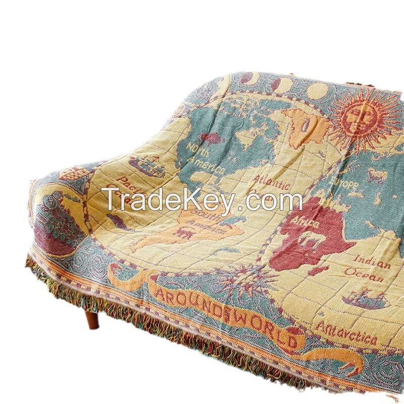 World Map Throw Blanket Reversible Hippie Bohemian Vintage Yellow Red Knitted Large Fringed Cotton Woven Tapestry Fantasy Rug