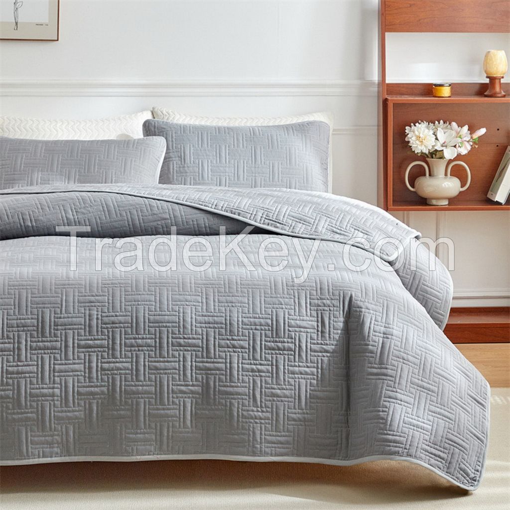 100% polyester solid color 3 pieces embroidery quilted bedspread with pillow case set