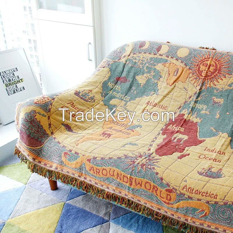 World Map Throw Blanket Reversible Hippie Bohemian Vintage Yellow Red Knitted Large Fringed Cotton Woven Tapestry Fantasy Rug