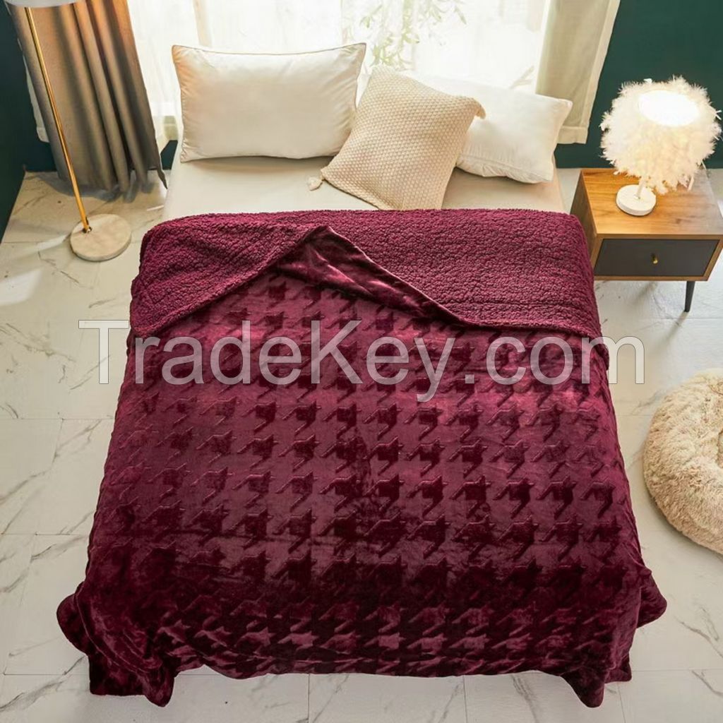 Customized full embossed flannel fleece and sherpa blanket