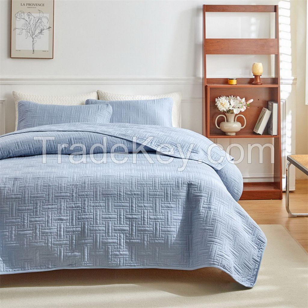 100% polyester solid color 3 pieces embroidery quilted bedspread with pillow case set