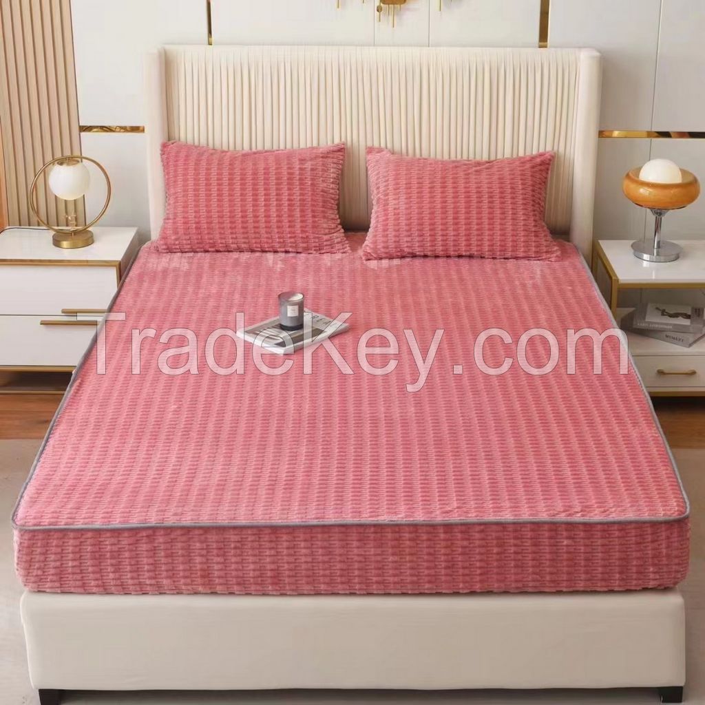 Soft and warm bamboo pattern flannel fleece fitted sheet bed sheet for winter