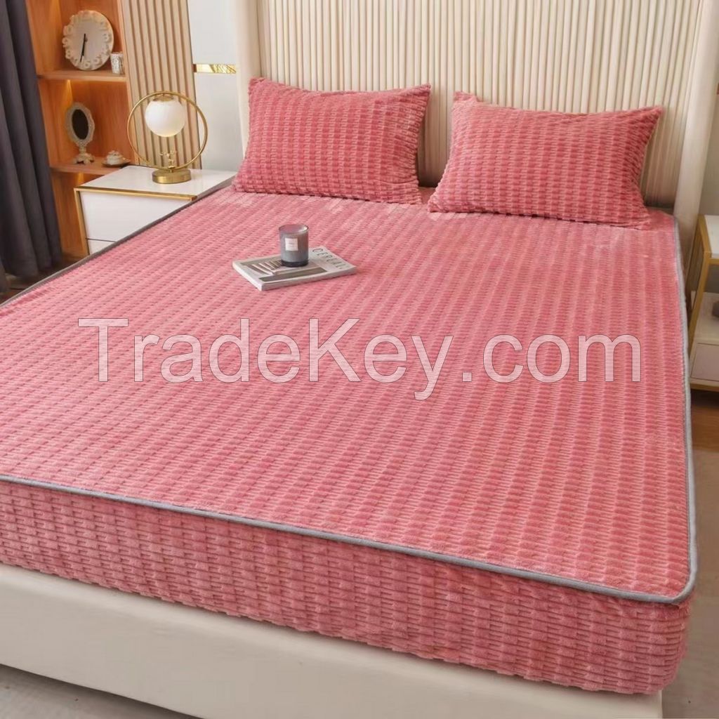 Soft and warm bamboo pattern flannel fleece fitted sheet bed sheet for winter
