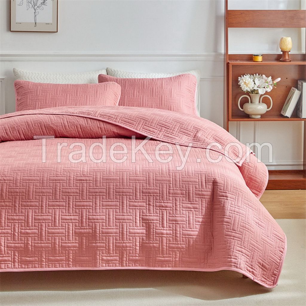 100% polyester solid color 3 pieces embroidery quilted bedspread with pillow case set