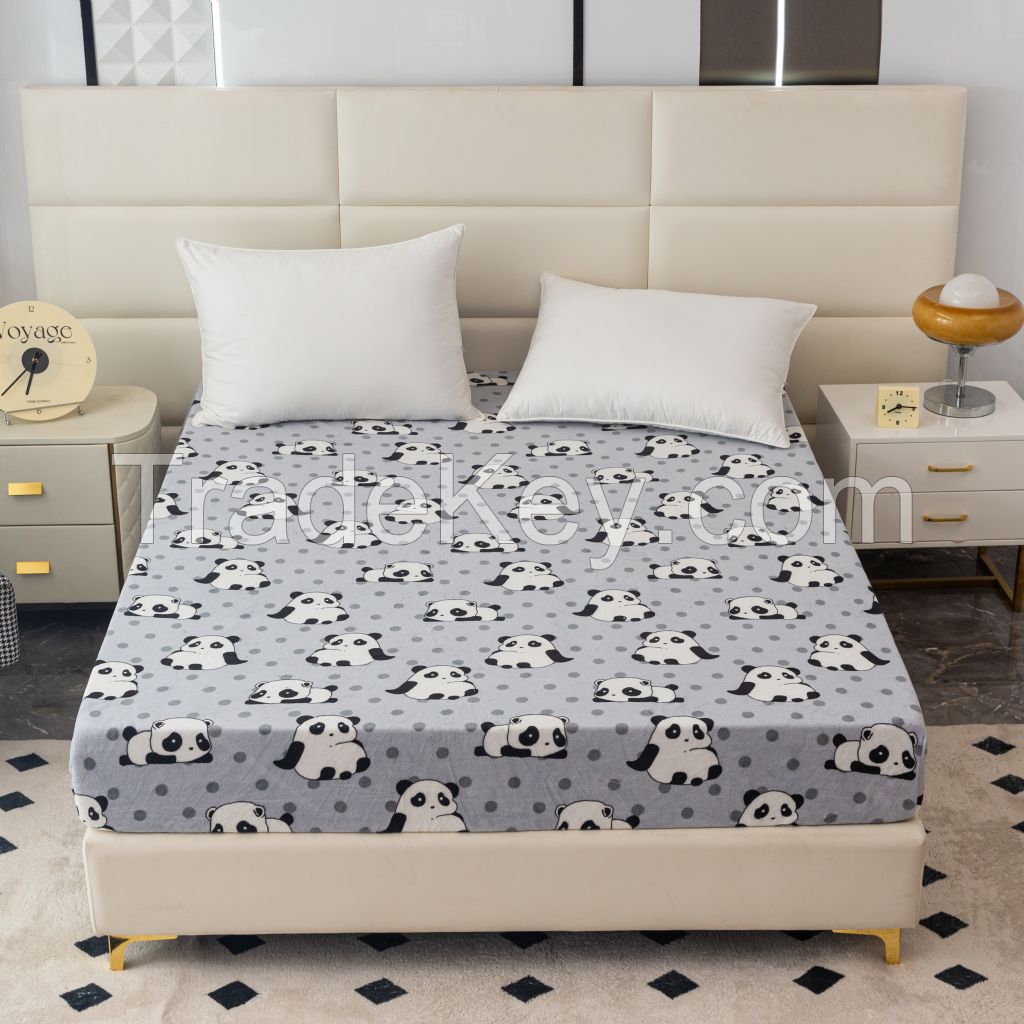 Wholesale Super Soft and Warm Printed Cute Panda Coral Fleece Fitted Sheet Bedding Set, Great Gifts