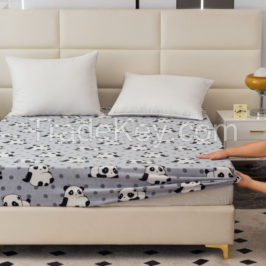 Wholesale Super Soft and Warm Printed Cute Panda Coral Fleece Fitted Sheet Bedding Set, Great Gifts