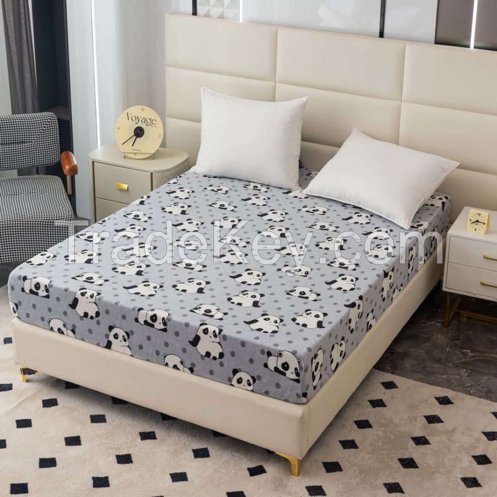 Wholesale Super Soft and Warm Printed Cute Panda Coral Fleece Fitted Sheet Bedding Set, Great Gifts