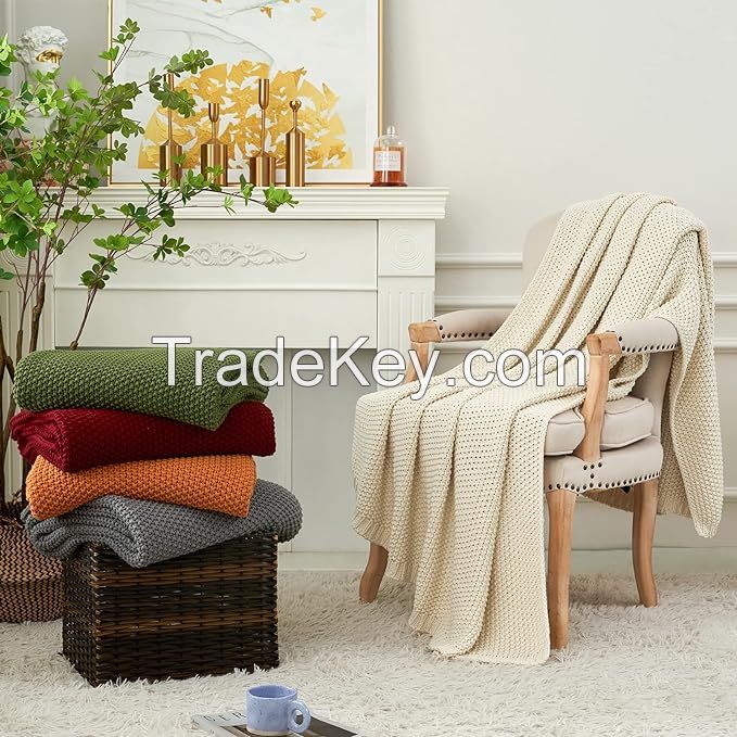 Bedding Chunky Cable Knit Throw Blanket Lightweight Grey 100% Organic Cotton Blanket for Sofa Couch Bed Baby Nursery