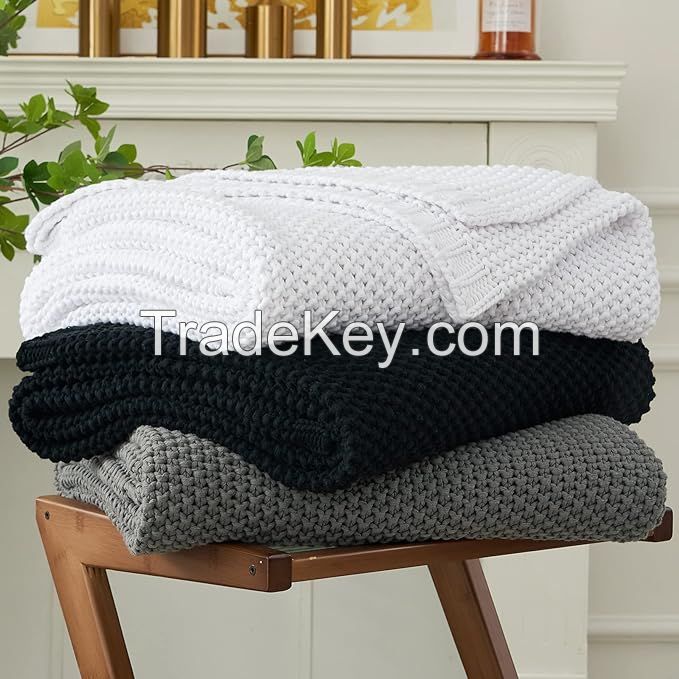 Bedding Chunky Cable Knit Throw Blanket Lightweight Grey 100% Organic Cotton Blanket for Sofa Couch Bed Baby Nursery