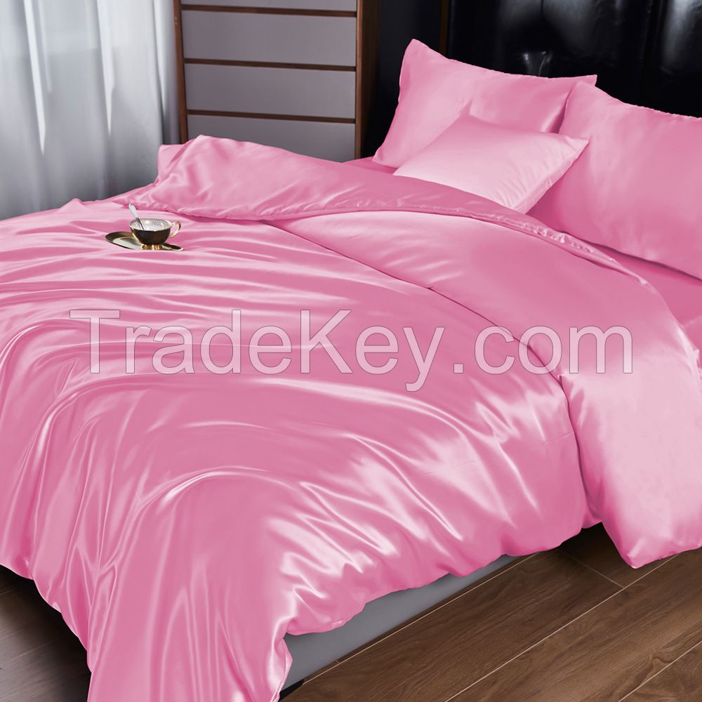 Pure Color Imitation Silk 4Pcs Set Of Europe Simple Bedsheet Bed Pillow Case Bedding Setwrinkle Free Striped Satin Silk Quilts