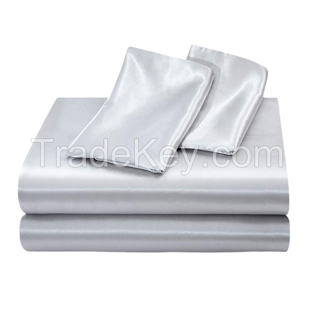 Pure Color Imitation Silk 4Pcs Set Of Europe Simple Bedsheet Bed Pillow Case Bedding Setwrinkle Free Striped Satin Silk Quilts