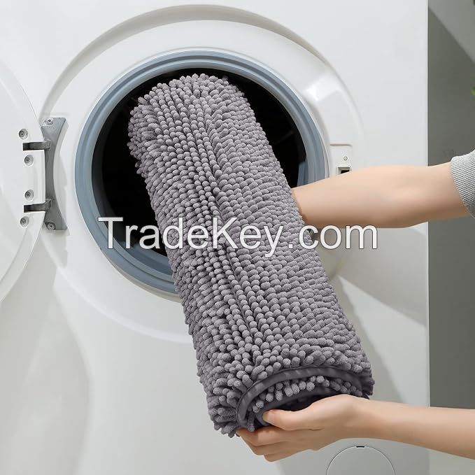 New Custom Non-Slip Soft Super Water Absorbent Machine Washable Dry Bath Rugs Bathroom Mat Shaggy Chenille Bath Mats