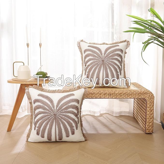 Embroidered Throw Pillow Covers Natural Flax Fringe Cotton Boho Pillow Cushion Cases Farmhouse Brown Palm Tree Decor Pillowcases
