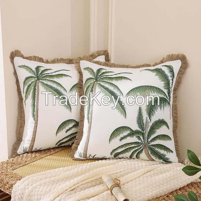 Embroidered Throw Pillow Covers Natural Flax Fringe Cotton Boho Pillow Cushion Cases Farmhouse Brown Palm Tree Decor Pillowcases