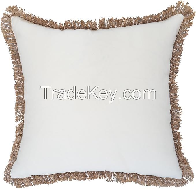Embroidered Throw Pillow Covers Natural Flax Fringe Cotton Boho Pillow Cushion Cases Farmhouse Brown Palm Tree Decor Pillowcases
