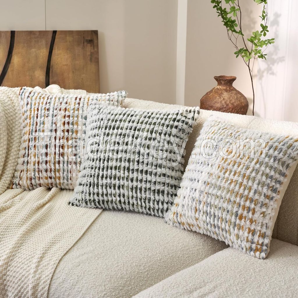  Boho Chenille Tufted Pillow Cover Decorative Square Throw Pillow Cover Neutral Pillowcase for Couch Bedroom Living Room