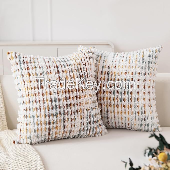  Boho Chenille Tufted Pillow Cover Decorative Square Throw Pillow Cover Neutral Pillowcase for Couch Bedroom Living Room