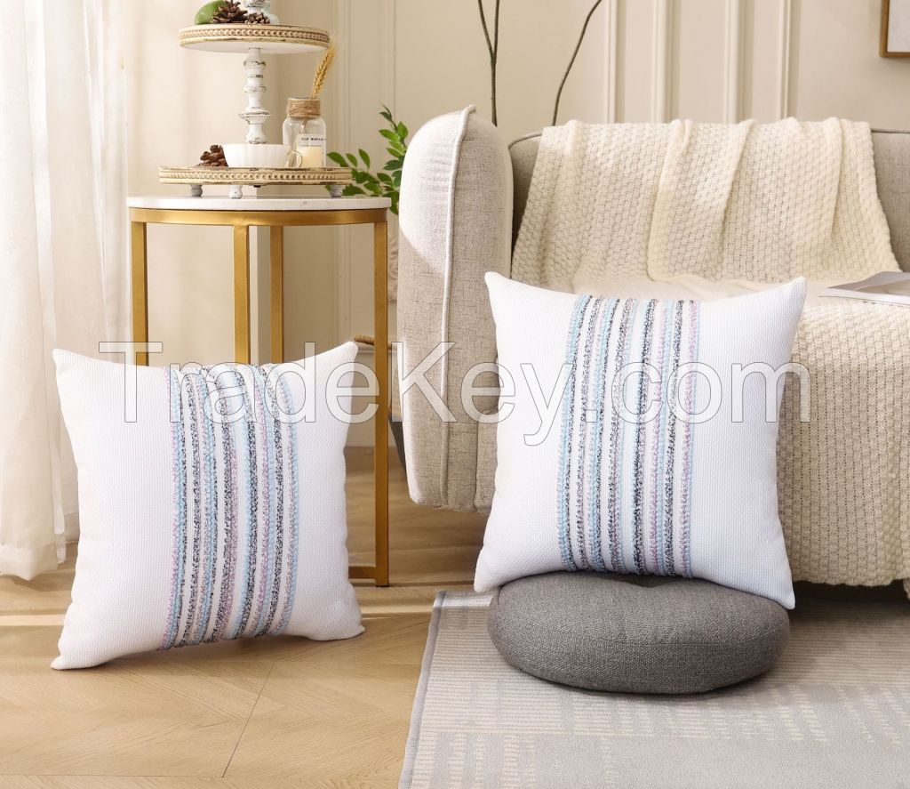 Farmhouse Throw Pillow Covers Summer Teal Striped Modern Neutral Decorative Cushion Covers
