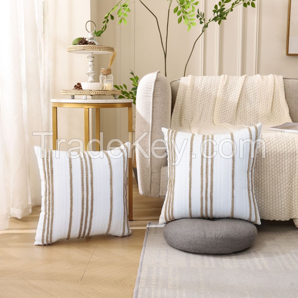 Farmhouse Throw Pillow Covers Summer Teal Striped Modern Neutral Decorative Cushion Covers