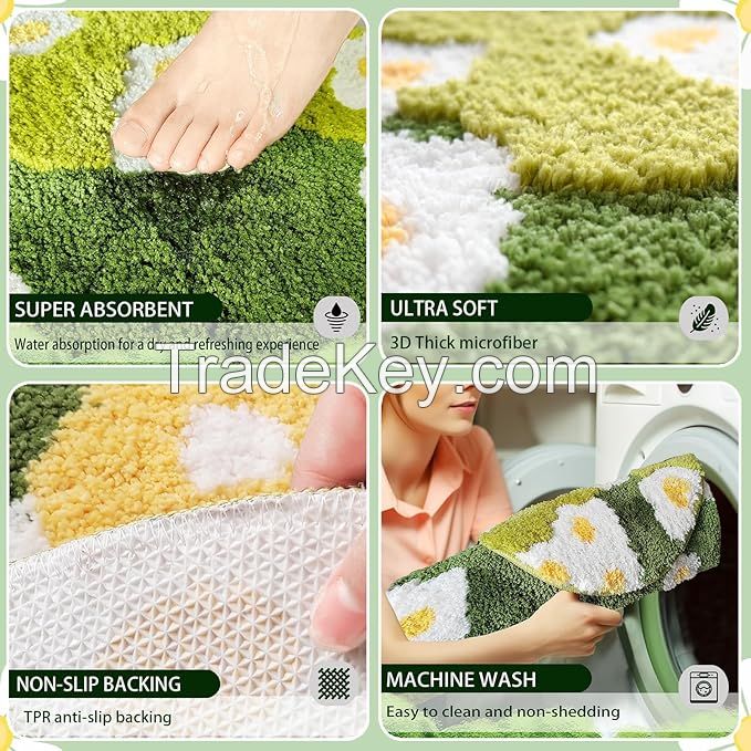 Moss Floral Bath Mat Cute Plant Toilet Rug Spring Flower Bathroom Green