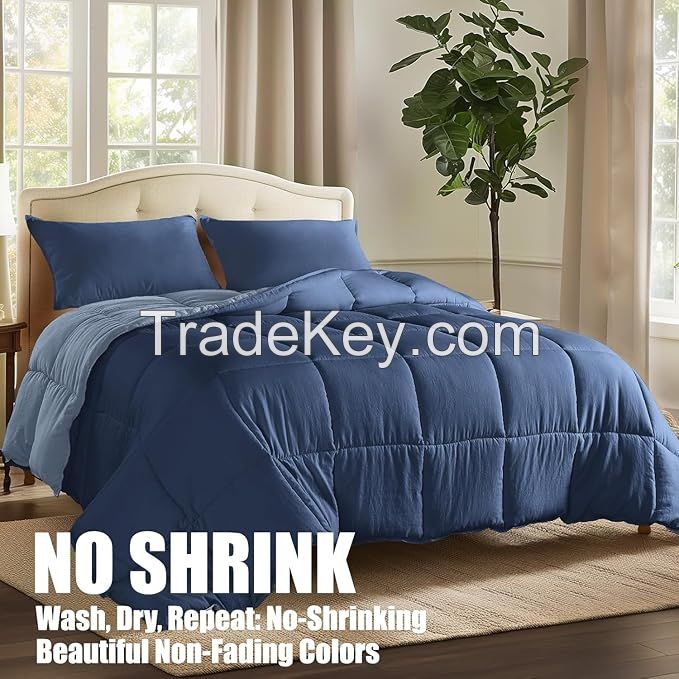 Queen quilts Reversible No-Shrink Blue Queen Comforter Set with Stays Fluffy Ultra Soft All-Season, Machine Washable Duvet 