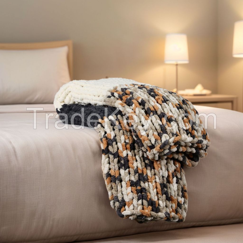 Chenille Chunky Knit Blanket Throw Soft Chunky Throw Blanket 100% Handmade Chenile Crochet Throw Blanket for Couch