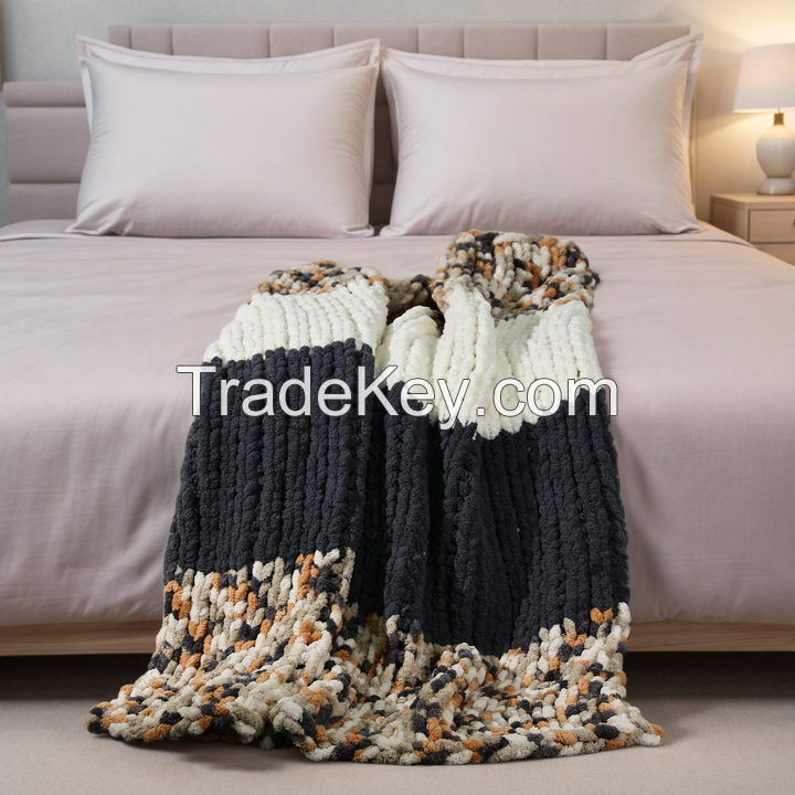 Chenille Chunky Knit Blanket Throw Soft Chunky Throw Blanket 100% Handmade Chenile Crochet Throw Blanket for Couch
