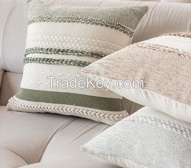 Boho Decorative Throw Pillow Covers Tufted Chenille Farmhouse Cushion Covers Textured Striped Accent Neutral Pillowcases for Sofa