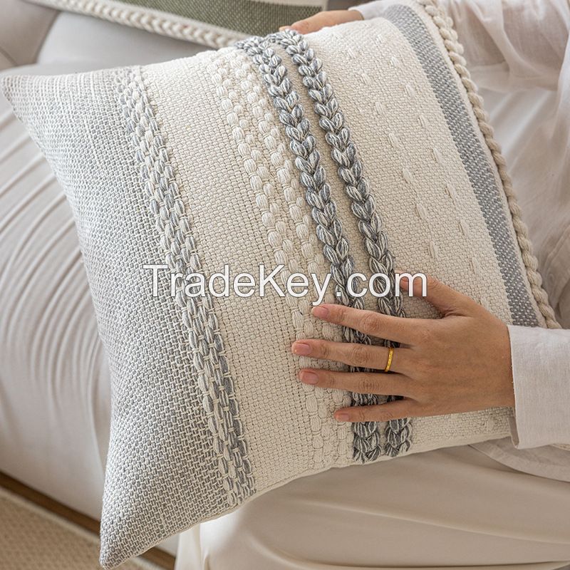 Boho Decorative Throw Pillow Covers Tufted Chenille Farmhouse Cushion Covers Textured Striped Accent Neutral Pillowcases for Sofa