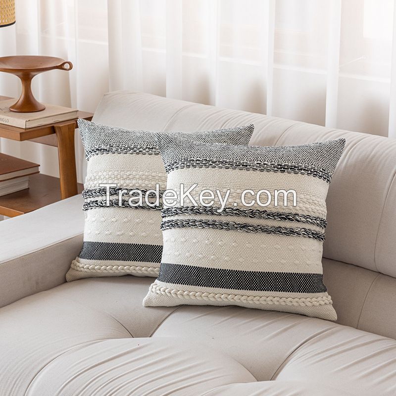 Boho Decorative Throw Pillow Covers Tufted Chenille Farmhouse Cushion Covers Textured Striped Accent Neutral Pillowcases for Sofa