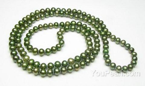 Freshwater near round green opera n rope pearl necklace