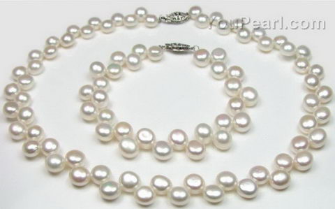 7.5-8.5mm white button top drilled pearl necklace & bracelet set
