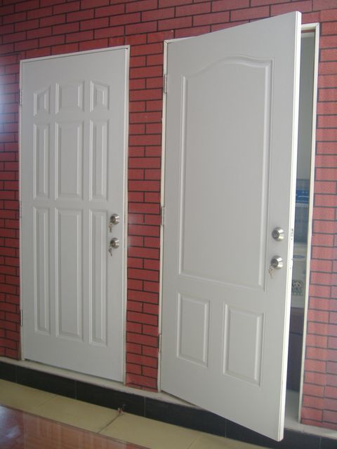 panel steel door, wooden edge metal panel door