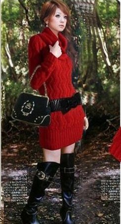 Knitting sweater wholesale Roll Neck Red Long Sweater