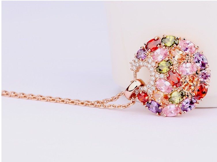 Vintage Style Multicolor 18k Gold Plated Swiss CZ Zincon Round Pendant Necklace