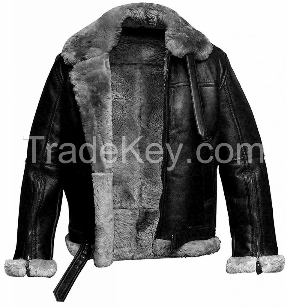 Top selling custom design with logo Mens B3 Bomber Pilot Flying Fur Collar Real Sheepskin Leather Jacket