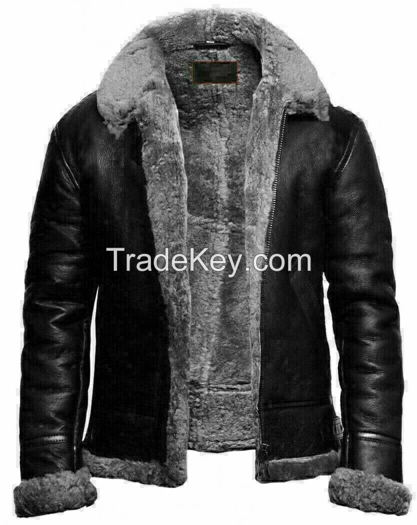 Top selling custom design with logo Mens B3 Bomber Pilot Flying Fur Collar Real Sheepskin Leather Jacket