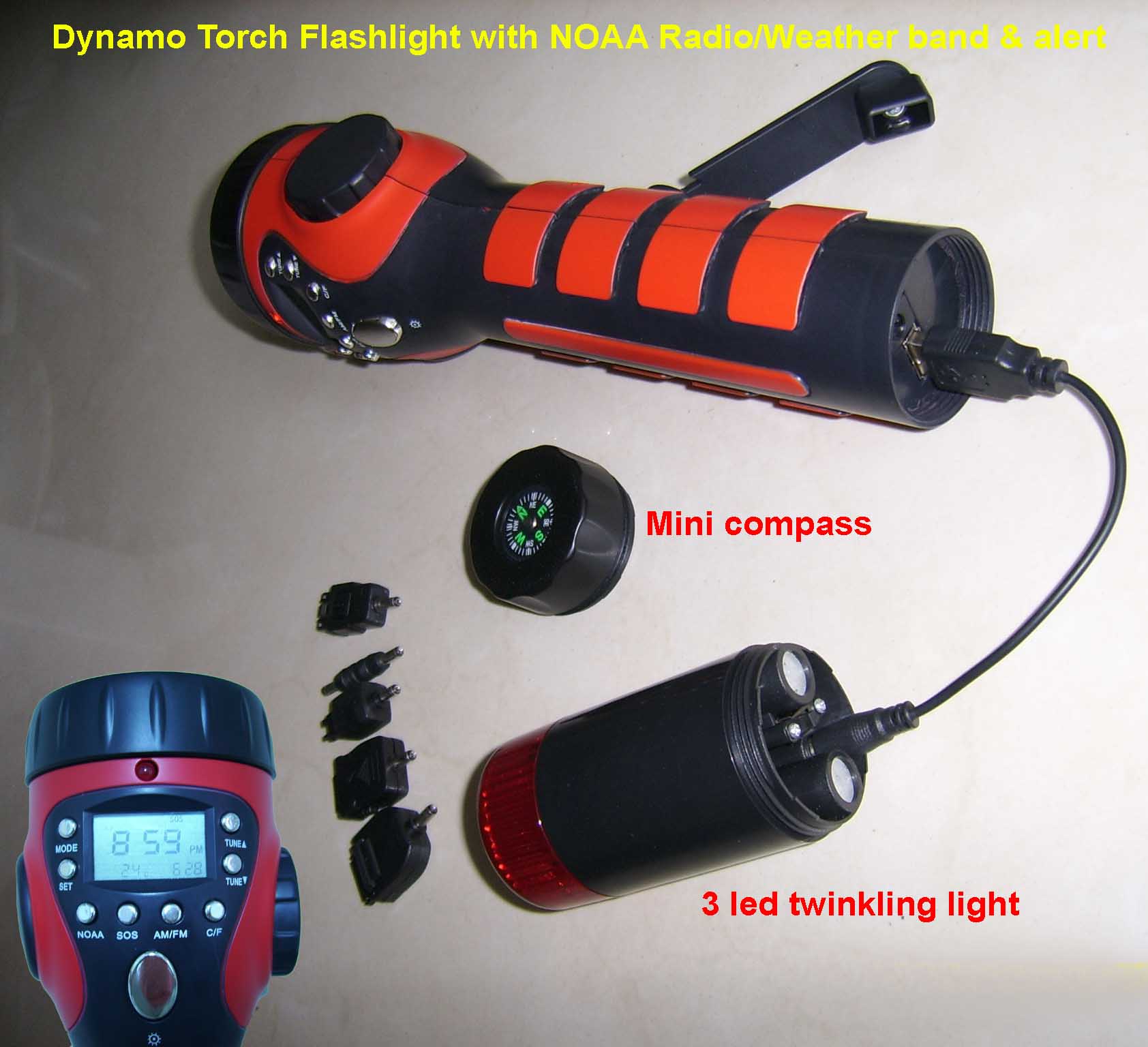 Dynamo  LED Flashlight with Radio/Weather & compass.