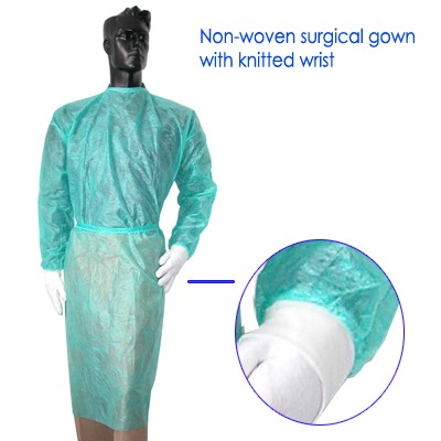 Non-woven surgical gown with knitted wrist