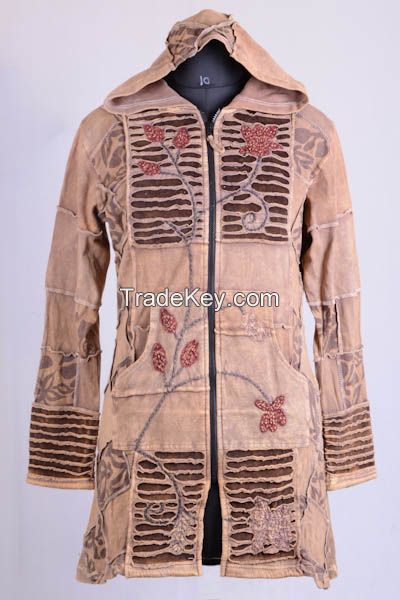 Bohemian Stonewashed razor cut fashion trend ladies long hood jacket, outwear hoodies, knitting ladies jacket