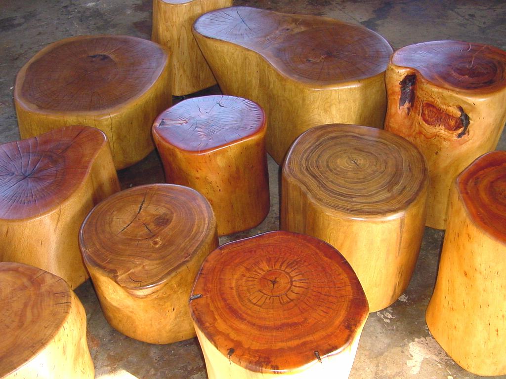 tree stump tables/metal clad tables/reclaimed wood tables