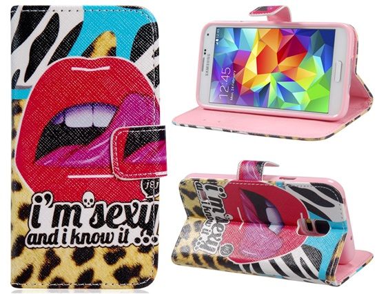 Sexy Lips Printed Faux Leather Flip Case with Card Slots &amp; Stand for Samsung Galaxy S5