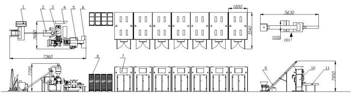 Pasta production system with the capacity of 200 to 250 kg/hour.