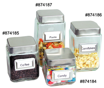Square Glass Canister Set w. Stainless Lid & Frame w. Food Name Card