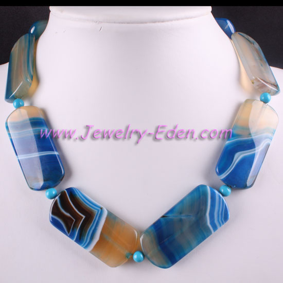 FREE SHIPPING BLUE VEINS QUADRATE AGATE BEAD NECKLACE 18" PE038