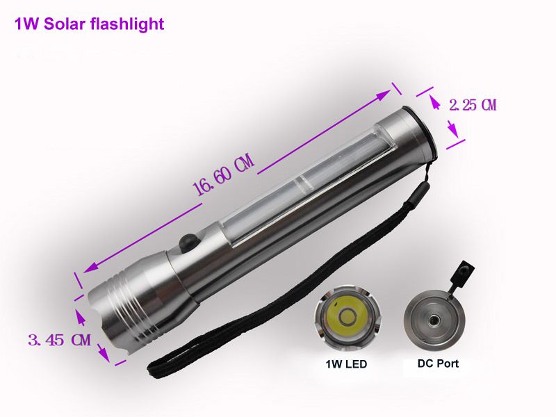 1watt high brightly led solar aluminum flashlight HQ-111A with rechargeable built-in battery