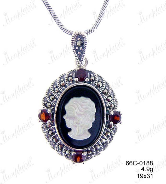 Marcasite Cameo Pendant with Genuine Garnet