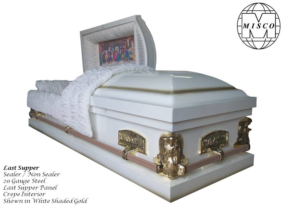 Lord's supper casket shown in white shaded gold